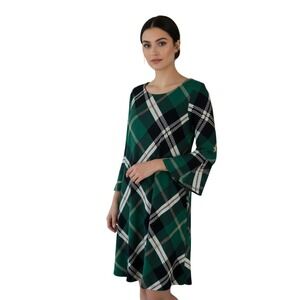 JESSICA HOWARD Women's Green Black Plaid Knee Length Bell Sleeve Knit Dress Sz M